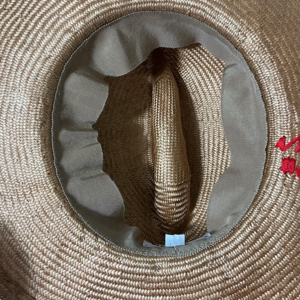 Alessandra Rivera Beige Straw Rope Trim Red Floral or Sun Embroidery Hat M - Picture 6 of 7